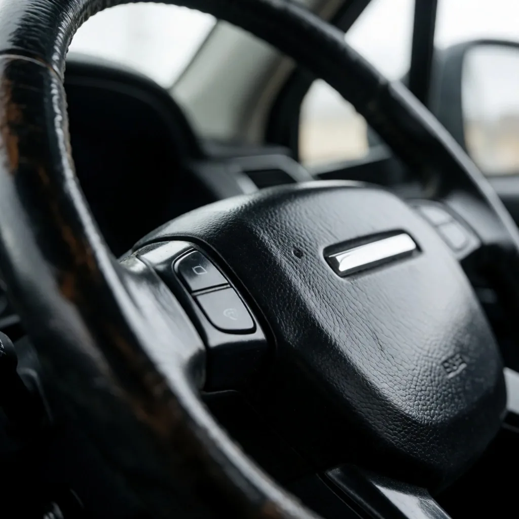 Detalle del desgaste del volante y asiento en una camioneta usada