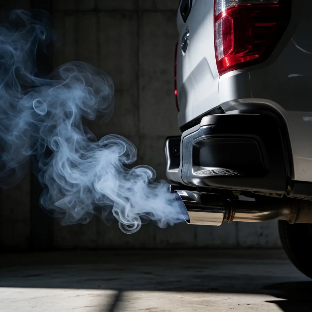 Humo del escape de una camioneta diesel al arrancar en frío