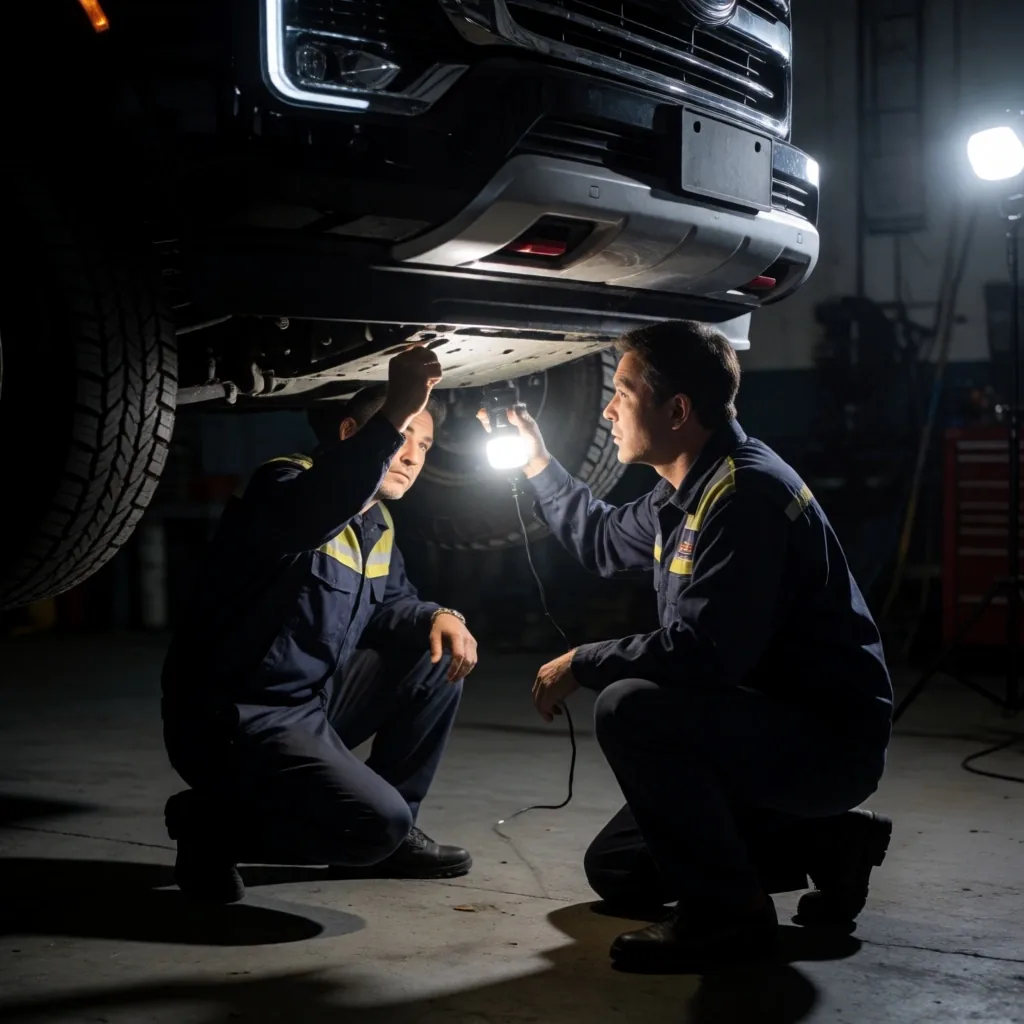 Camioneta pickup sobre pedestal de inspección con iluminación de estudio