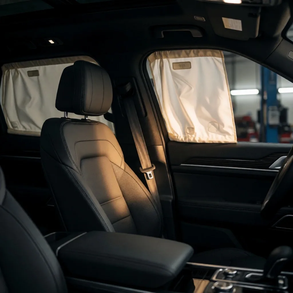 Interior de SUV con cinturones y paneles de seguridad