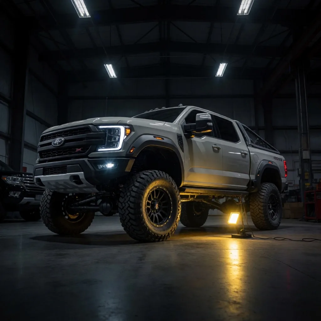 Camioneta usada bajo inspección técnica en hangar oscuro