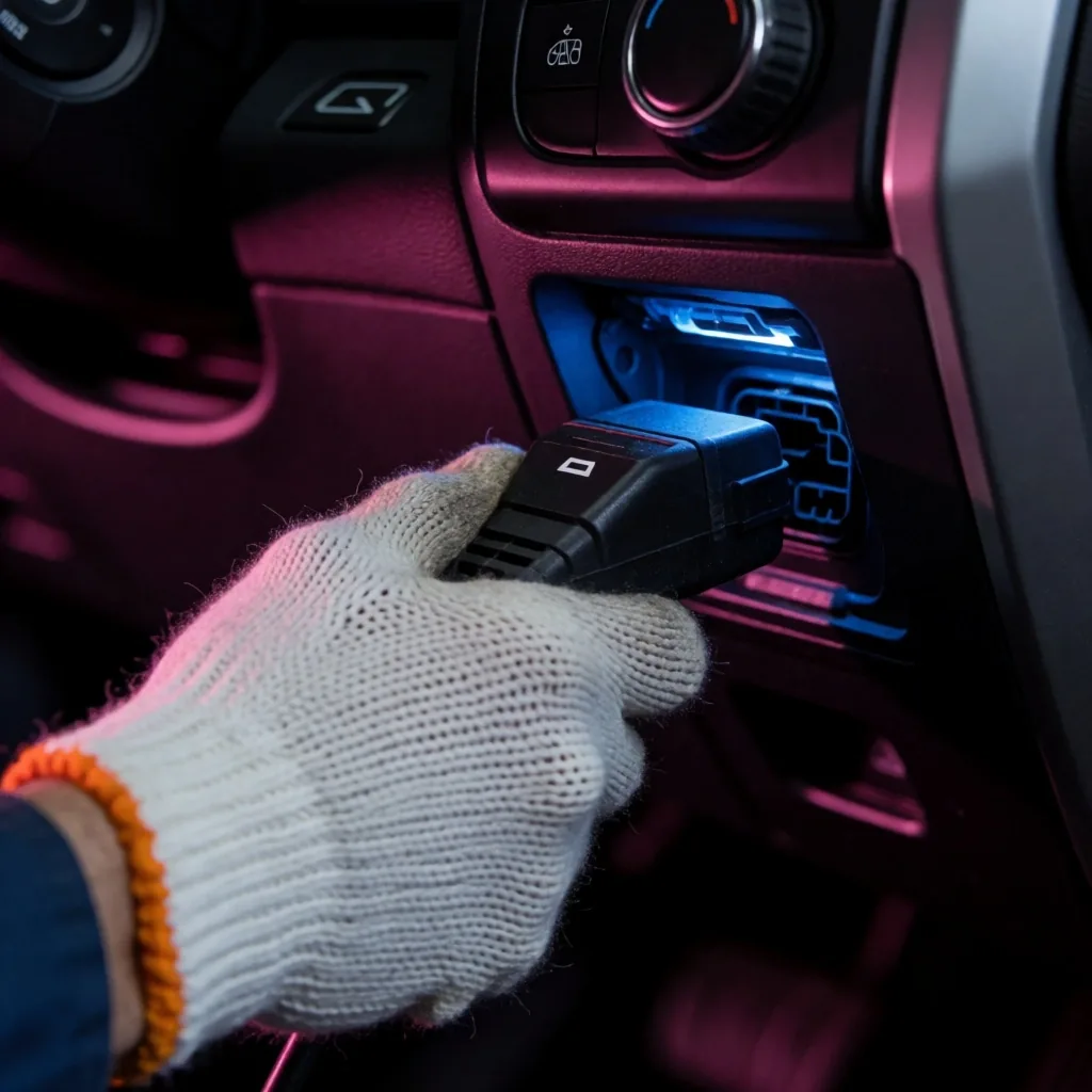 Técnico conectando escáner de diagnóstico al puerto OBD2 de una pick-up
