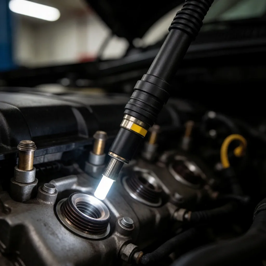 Cámara endoscópica inspeccionando cilindro de motor