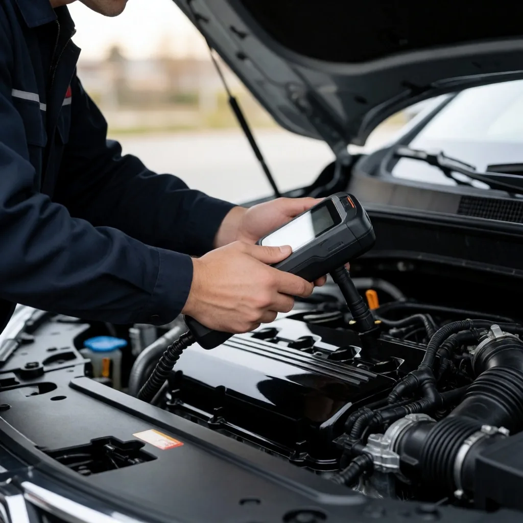 Técnico realizando diagnóstico computarizado en motor SUV